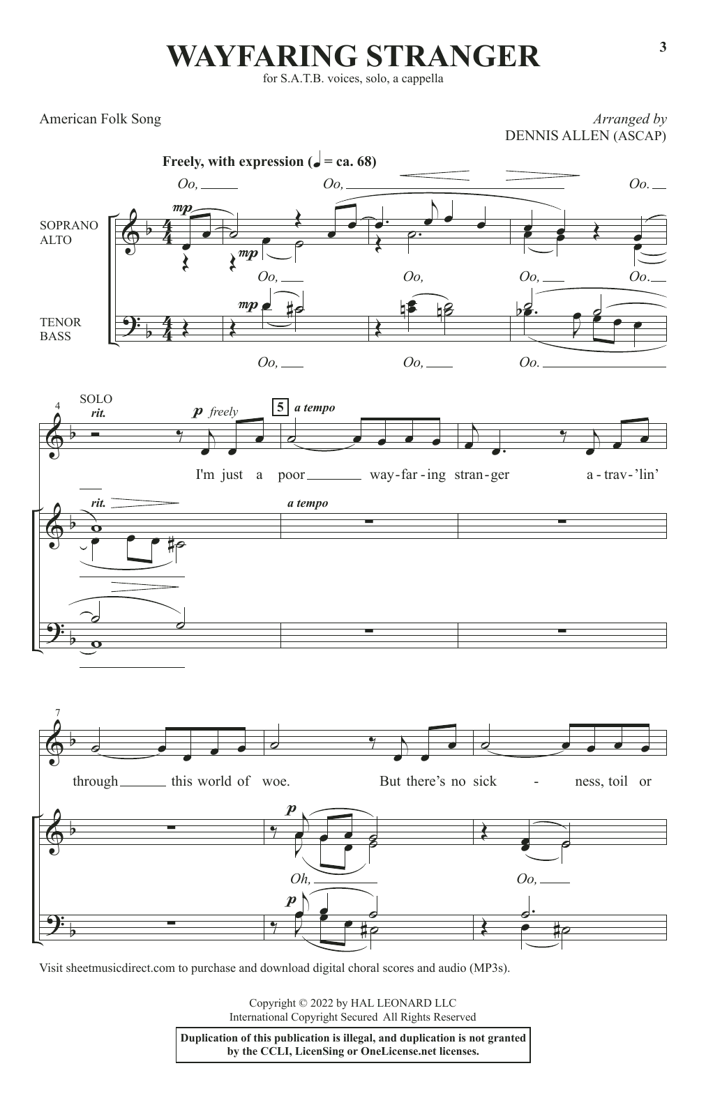American Folk Song Wayfaring Stranger (arr. Dennis Allen) sheet music notes and chords. Download Printable PDF.