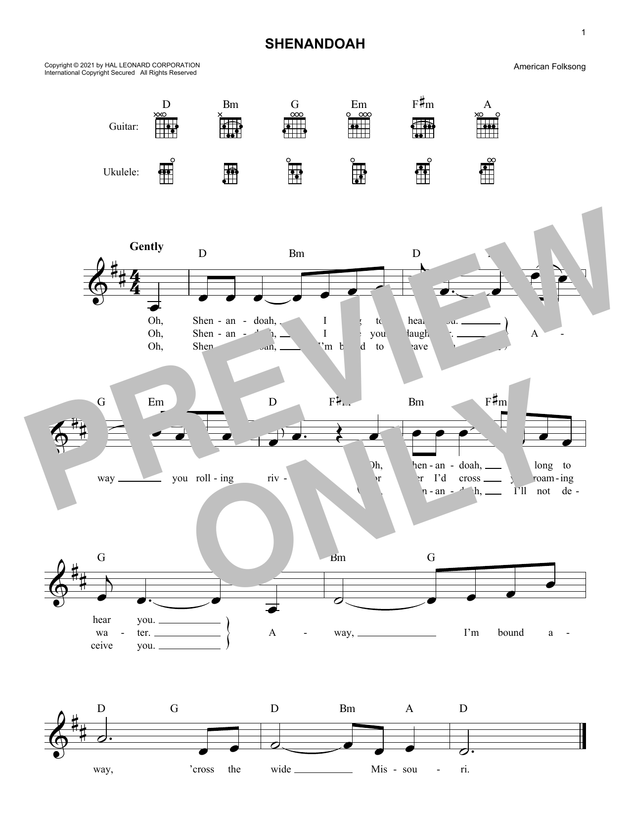 American Folksong Shenandoah sheet music notes and chords. Download Printable PDF.