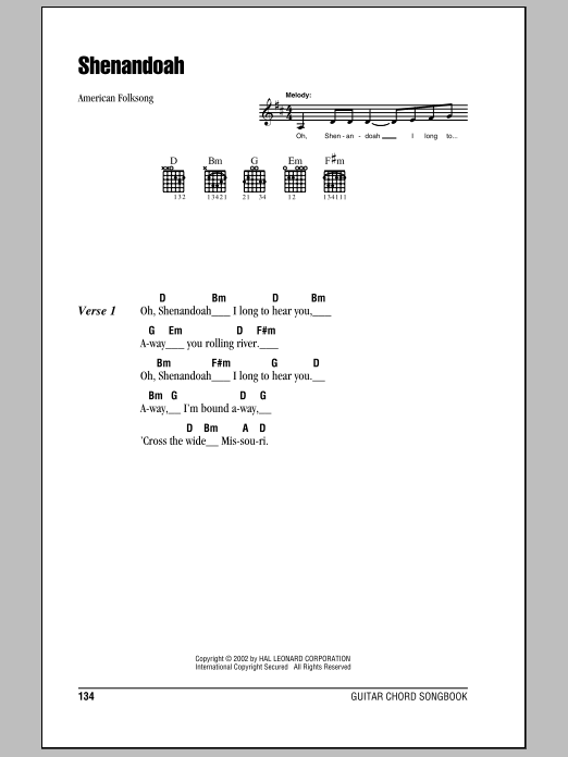 American Folksong Shenandoah sheet music notes and chords. Download Printable PDF.