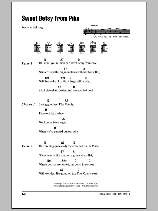 American Folksong Sweet Betsy From Pike sheet music notes and chords arranged for Easy Lead Sheet / Fake Book