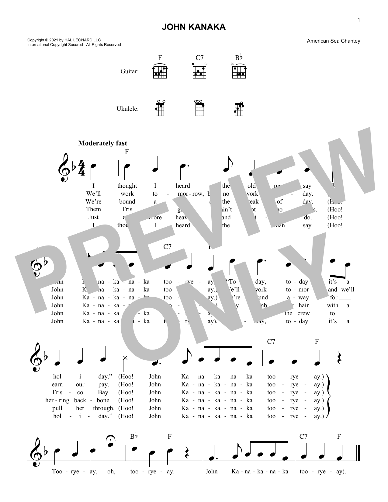 American Sea Chantey John Kanaka sheet music notes and chords. Download Printable PDF.