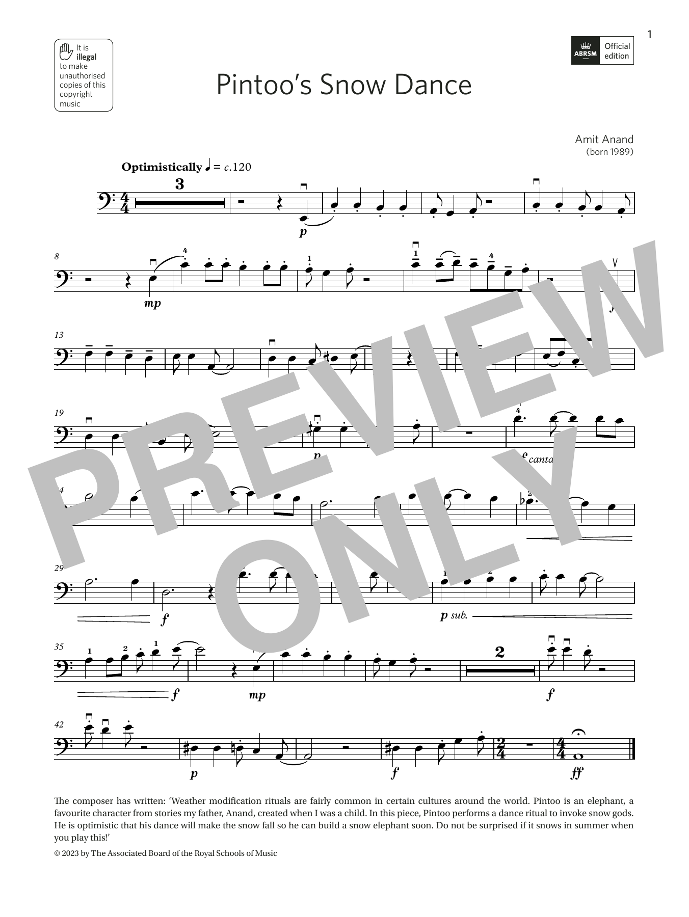 Amit Anand Pintoo's Snow Dance (Grade 4, C11, from the ABRSM Double Bass Syllabus from 2024) sheet music notes and chords. Download Printable PDF.