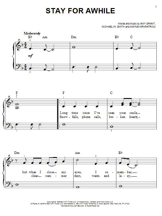 Amy Grant Stay For Awhile sheet music notes and chords. Download Printable PDF.