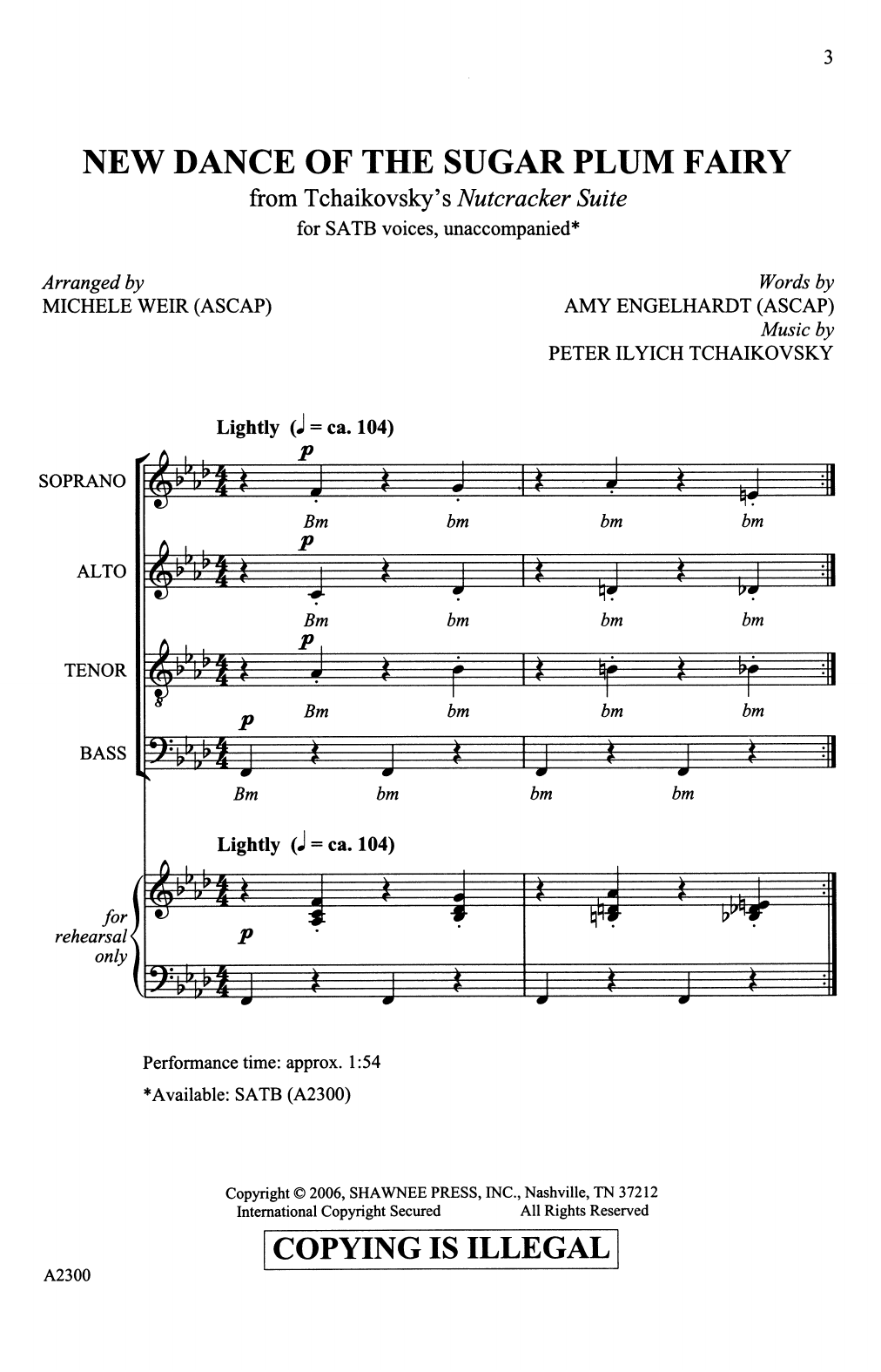 Learn to play Amy Engelhardt New Dance For The Sugar Plum Fairy (from Tchaikovsky's The Nutcracker Suite) (arr. Michele Weir) sheet music for SATB Choir in minutes. Price: 3.9900$ Amy Engelhardt New Dance For The Sugar Plum Fairy (from Tchaikovsky's The Nutcracker Suite) (arr. Michele Weir) sheet music notes and chords arranged for SATB Choir