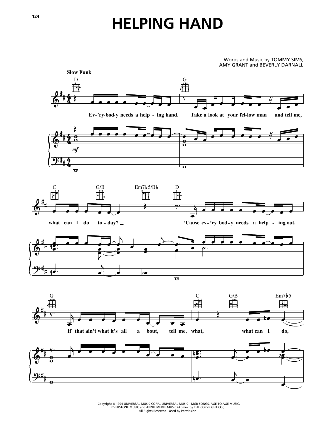 Amy Grant Helping Hand sheet music notes and chords. Download Printable PDF.