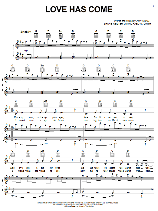 Preview Amy Grant Love Has Come Religious sheet music, notes and chords for Piano, Vocal & Guitar (Right-Hand Melody), SKU: 19374 sheet music, piano notes, chords, guitar tabs, score, transpose, transcribe, how to play, guide, download, learn, tutorial, progression, song, artist, awards, billboard, mtv, vh1, tour, single, album, release
