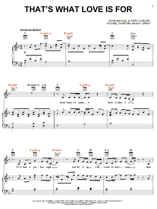 Learn to play Amy Grant That's What Love Is For sheet music for Piano, Vocal & Guitar (Right-Hand Melody) in minutes. Amy Grant That's What Love Is For sheet music notes and chords. Download Printable PDF.