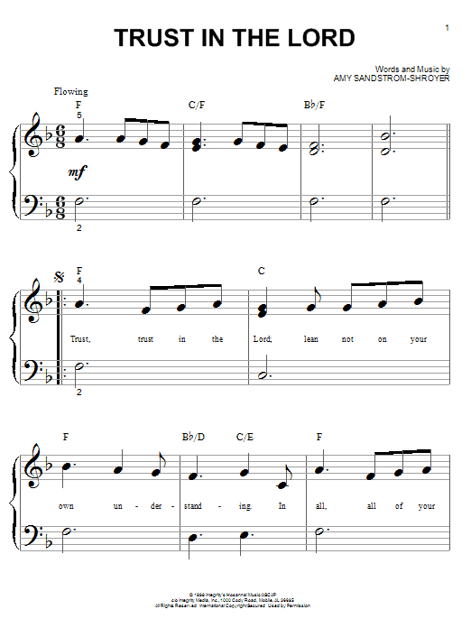 Learn to play Amy Sandtrom-Shroyer Trust In The Lord sheet music for Big Note Piano in minutes. Price: 6.9900$ Amy Sandtrom-Shroyer Trust In The Lord sheet music notes and chords arranged for Big Note Piano