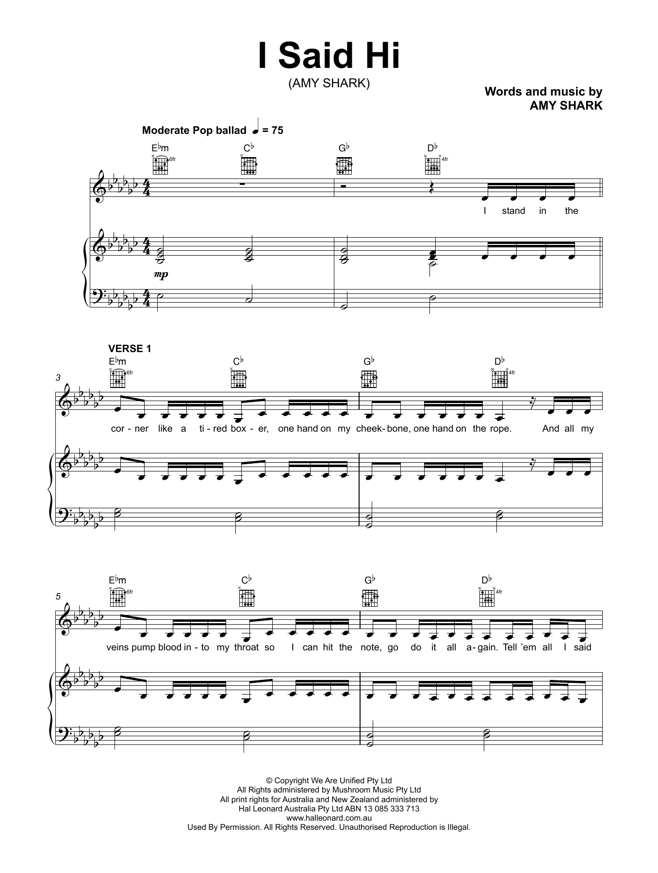 Amy Shark I Said Hi sheet music notes and chords. Download Printable PDF.