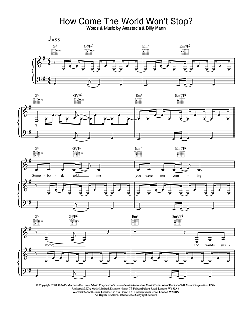 Learn to play Anastacia How Come The World Won't Stop? sheet music for Piano, Vocal & Guitar in minutes. Anastacia How Come The World Won't Stop? sheet music notes and chords