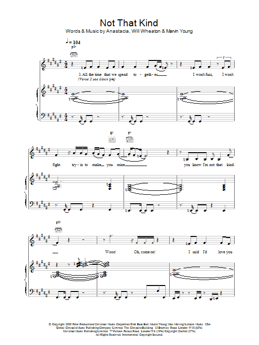 sheet music for in minutes. Price: $ Anastacia Not That Kind sheet music notes and chords. Download Printable PDF.