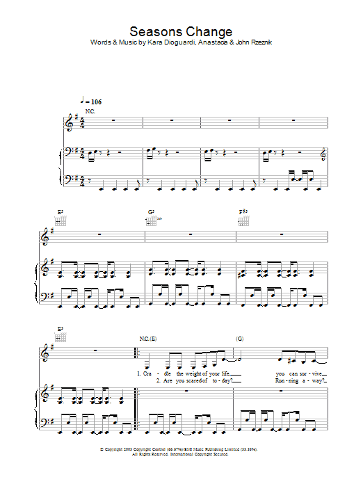 Anastacia Seasons Change sheet music notes and chords. Download Printable PDF.