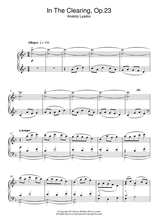 Learn to play Anatoly Lyadov In The Clearing Op. 23 sheet music for Piano Solo in minutes. Anatoly Lyadov In The Clearing Op. 23 sheet music notes and chords. Download Printable PDF.