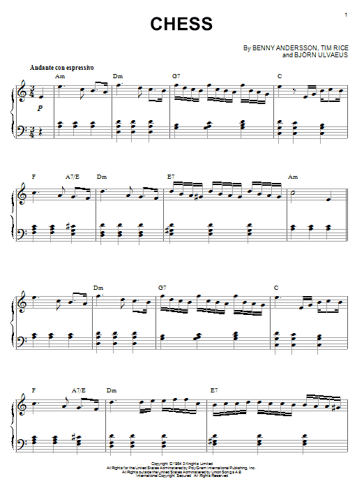 Learn to play Andersson and Ulvaeus Chess sheet music for Piano Solo in minutes. Andersson and Ulvaeus Chess sheet music notes and chords