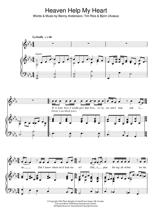 Learn to play ANDERSSON And ULVAEUS Heaven Help My Heart (from Chess) sheet music for Lead Sheet / Fake Book in minutes. Price: 5.9900$ ANDERSSON And ULVAEUS Heaven Help My Heart (from Chess) sheet music notes and chords arranged for Lead Sheet / Fake Book