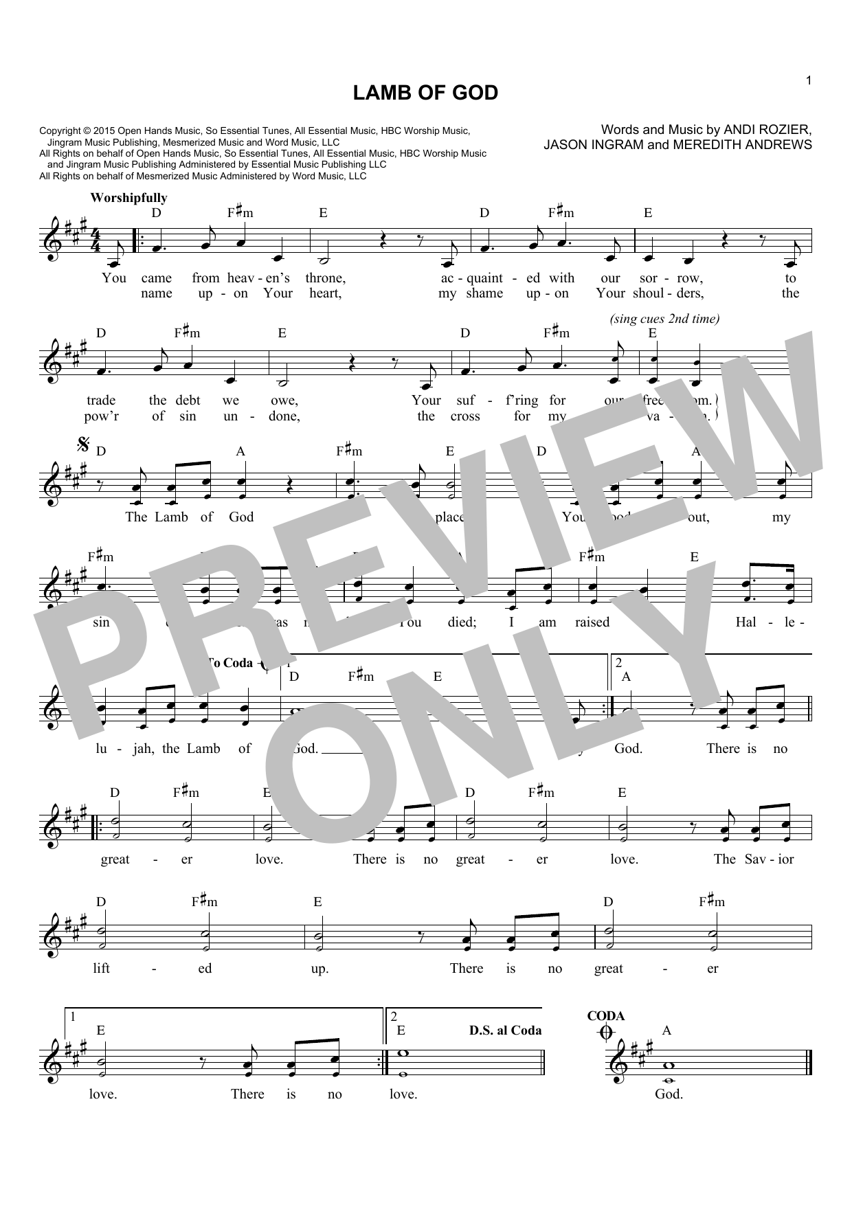 Andi Rozier Lamb Of God sheet music notes and chords. Download Printable PDF.