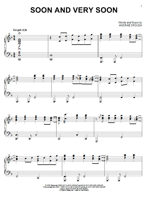 Learn to play Andrae Crouch Soon And Very Soon sheet music for Lead Sheet / Fake Book in minutes. Price: 5.9900$ Andrae Crouch Soon And Very Soon sheet music notes and chords arranged for Lead Sheet / Fake Book