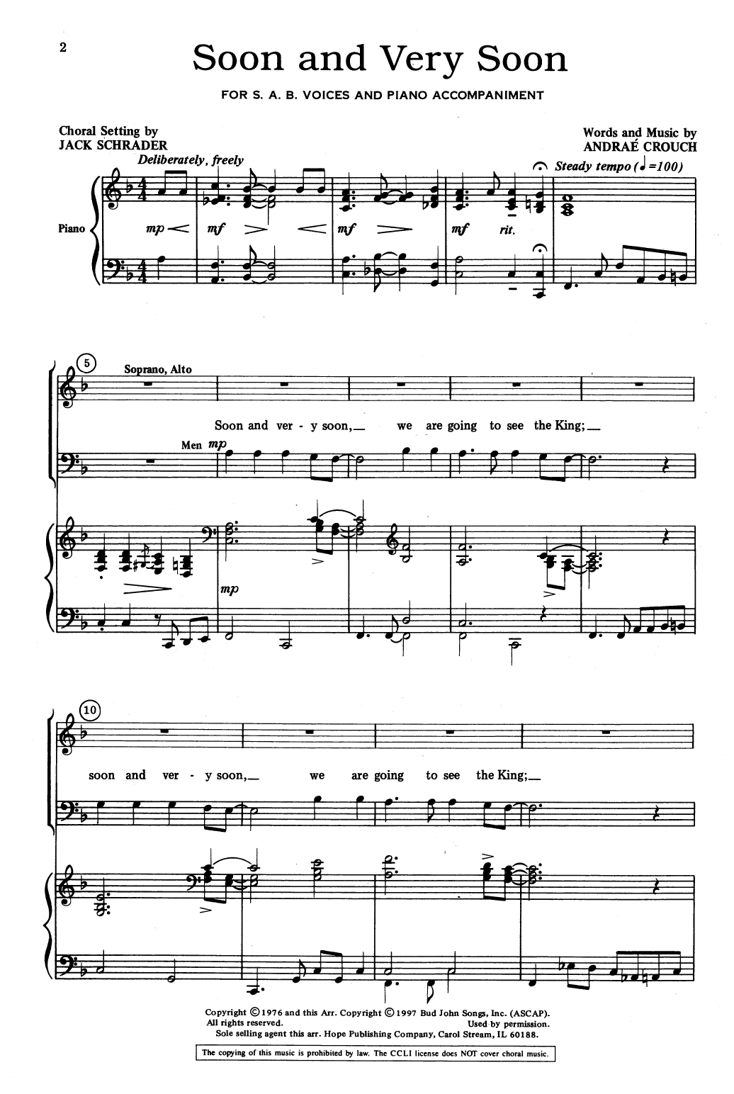 Learn to play Andraé Crouch Soon and Very Soon (arr. Jack Schrader) sheet music for SAB Choir in minutes. Price: 3.9900$ Andraé Crouch Soon and Very Soon (arr. Jack Schrader) sheet music notes and chords arranged for SAB Choir