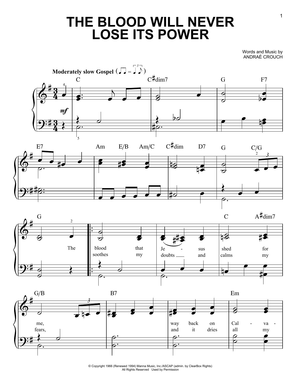Andrae Crouch The Blood Will Never Lose Its Power sheet music notes and chords - Download Printable PDF and start playing in minutes.