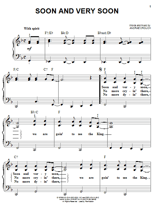 Learn to play Andrae Crouch Soon And Very Soon sheet music for Super Easy Piano in minutes. Price: 5.9900$ Andrae Crouch Soon And Very Soon sheet music notes and chords arranged for Super Easy Piano