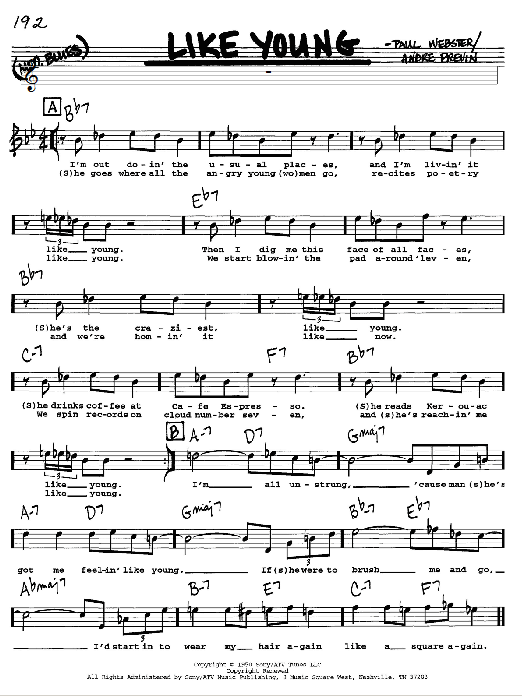 Learn to play Andre Previn Like Young sheet music for Real Book – Melody, Lyrics & Chords in minutes. Andre Previn Like Young sheet music notes and chords. Download Printable PDF.