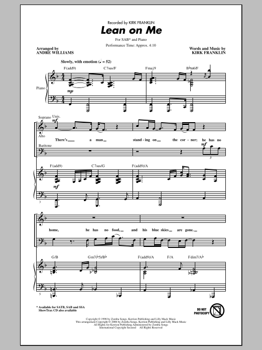 Kirk Franklin Lean On Me (arr. Andre Williams) sheet music notes and chords. Download Printable PDF.