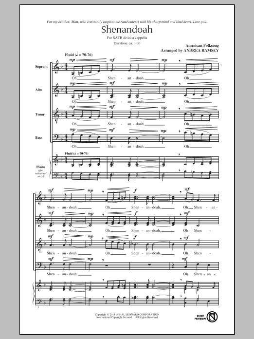 Andrea Ramsey Shenandoah sheet music notes and chords. Download Printable PDF.