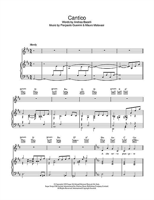 Andrea Bocelli Cantico sheet music notes and chords. Download Printable PDF.