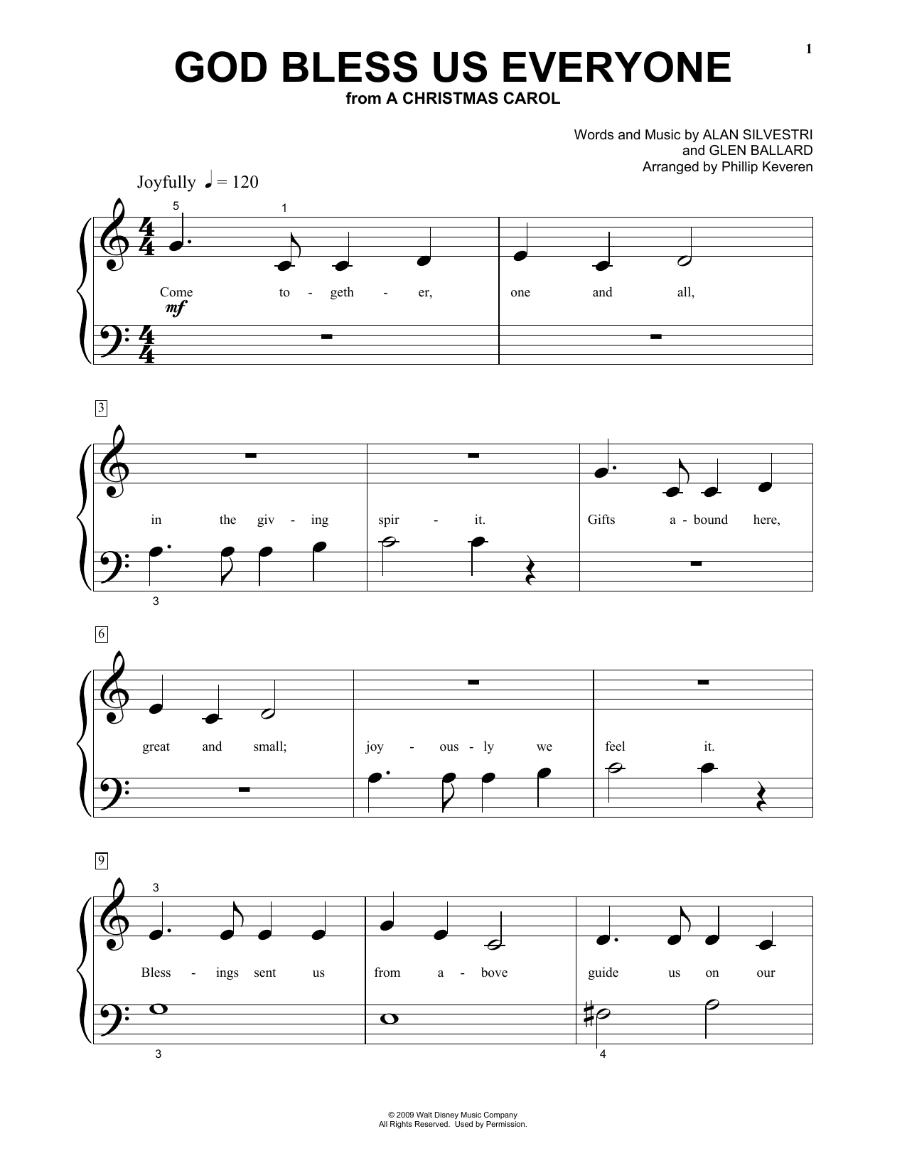 Learn to play Andrea Bocelli God Bless Us Everyone (from Disney's A Christmas Carol) (arr. Phillip Keveren) sheet music for Beginning Piano Solo in minutes. Price: 6.9900$ Andrea Bocelli God Bless Us Everyone (from Disney's A Christmas Carol) (arr. Phillip Keveren) sheet music notes and chords arranged for Beginning Piano Solo