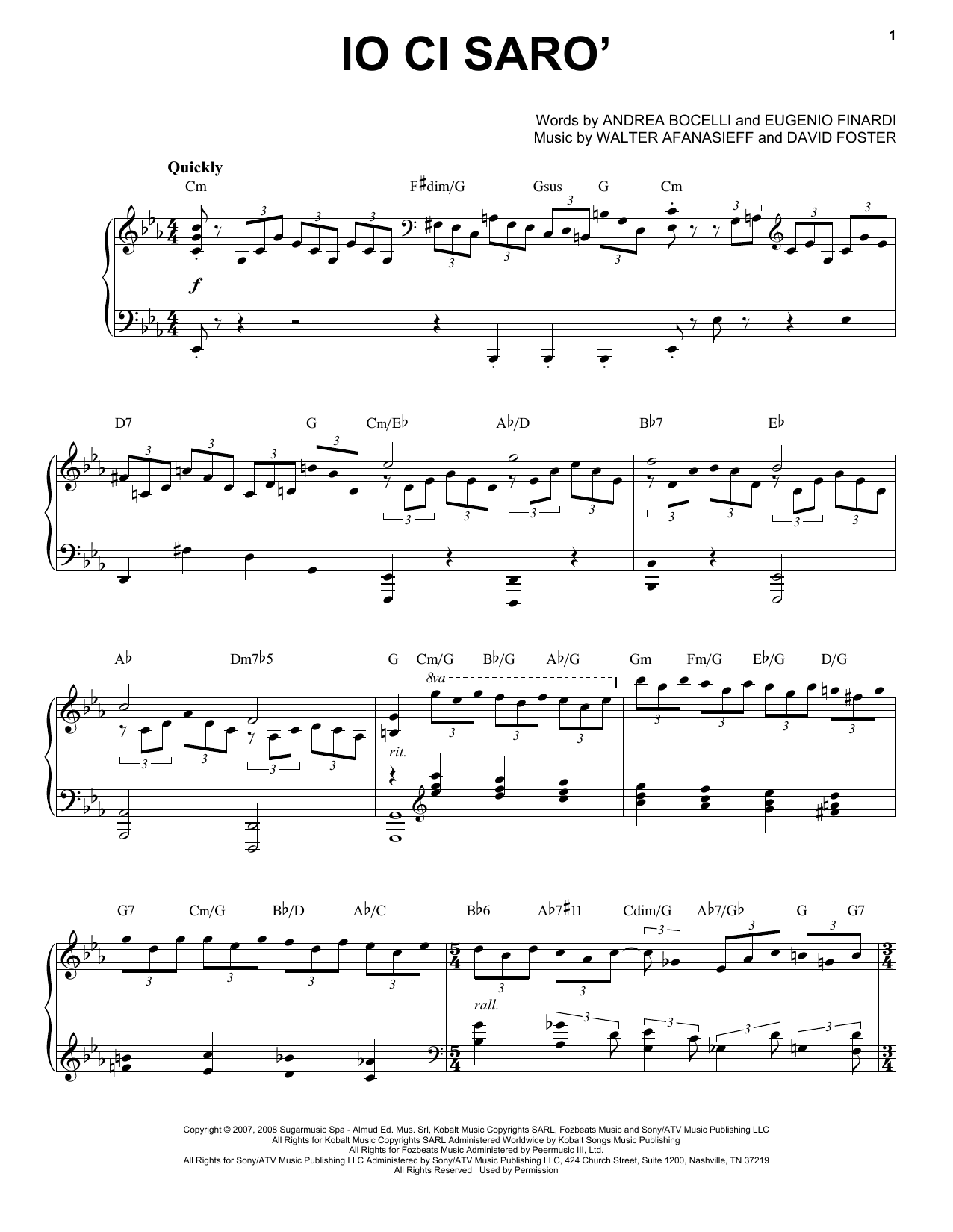 Andrea Bocelli Io Ci Saro' sheet music notes and chords. 