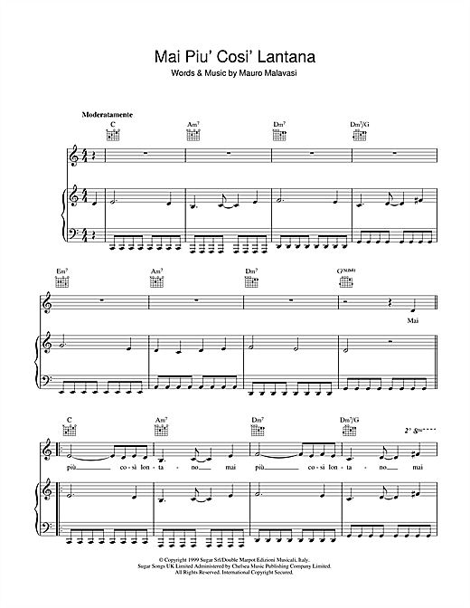 Learn to play Andrea Bocelli Mai Piu' Cosi' Lontano sheet music for Piano & Vocal in minutes. Andrea Bocelli Mai Piu' Cosi' Lontano sheet music notes and chords. Download Printable PDF.