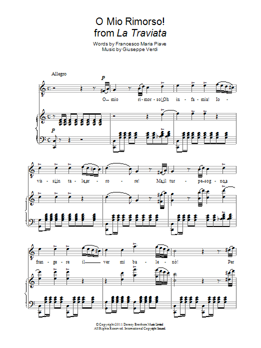 Learn to play Andrea Bocelli O Mio Rimorso! (from La Traviata) sheet music for Piano & Vocal in minutes. Price: 6.9900$ Andrea Bocelli O Mio Rimorso! (from La Traviata) sheet music notes and chords arranged for Piano & Vocal