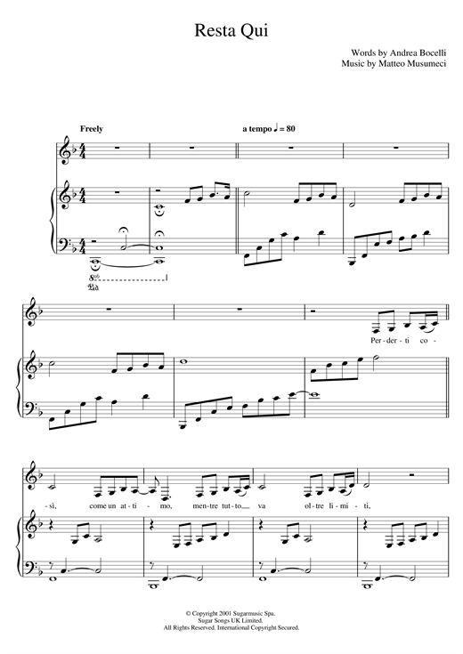 Andrea Bocelli Resta Qui sheet music notes and chords. Download Printable PDF.
