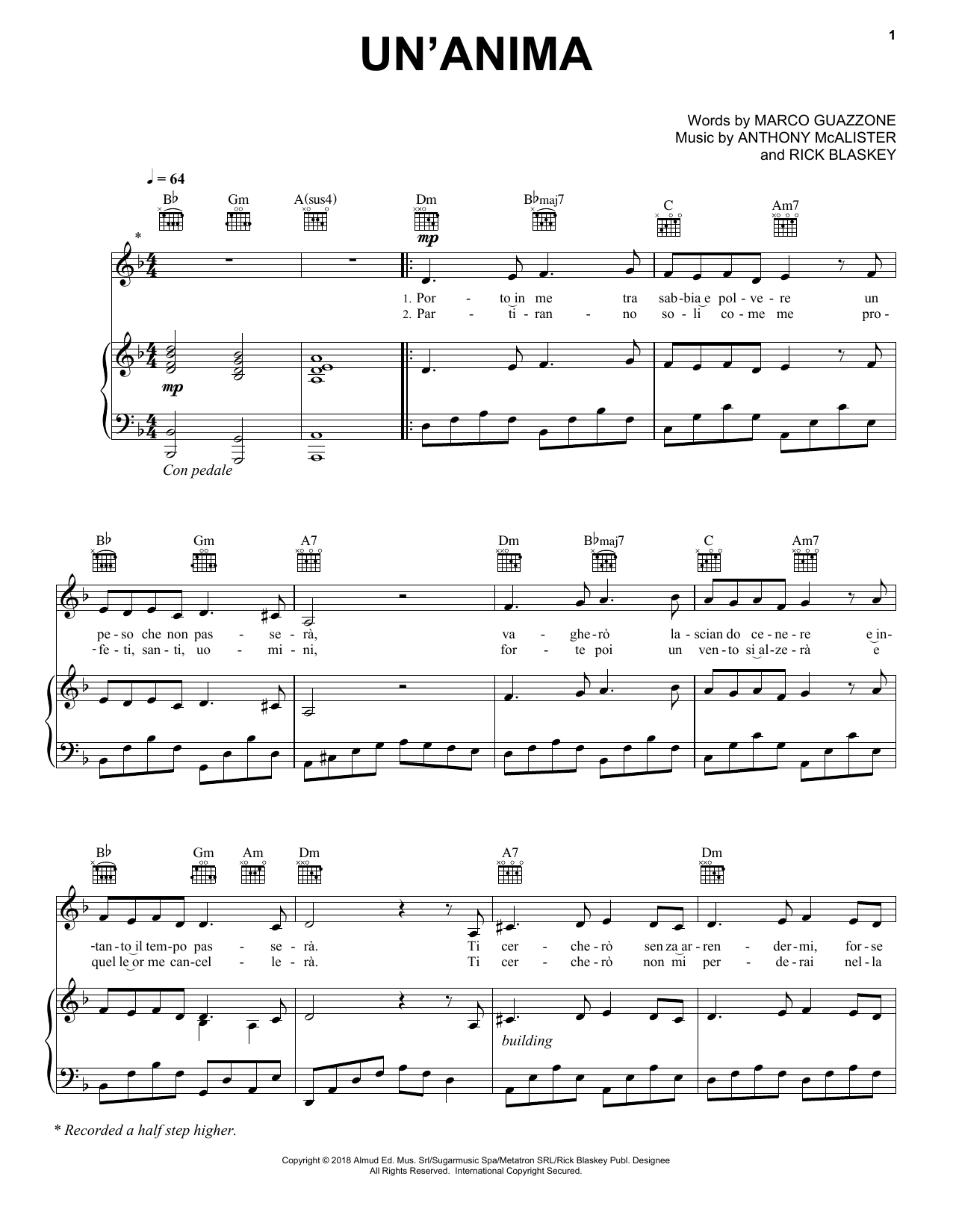 Andrea Bocelli Un'anima sheet music notes and chords. Download Printable PDF.