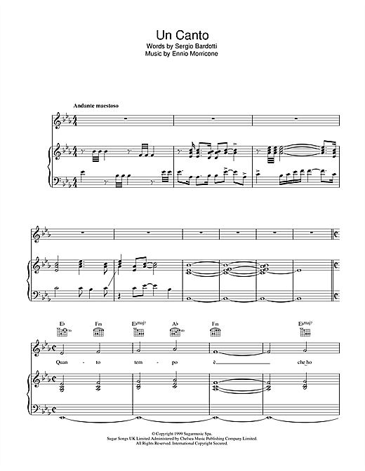 Andrea Bocelli Un Canto sheet music notes and chords. Download Printable PDF.