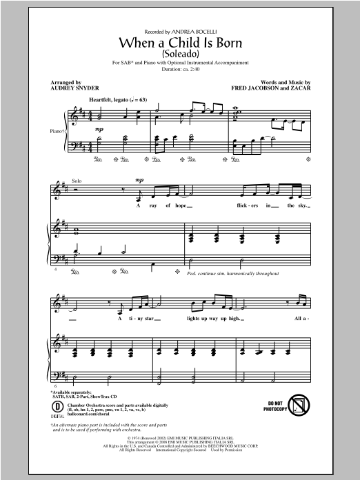 Andrea Bocelli When A Child Is Born (Soleado) (arr. Audrey Snyder) sheet music notes and chords. Download Printable PDF.
