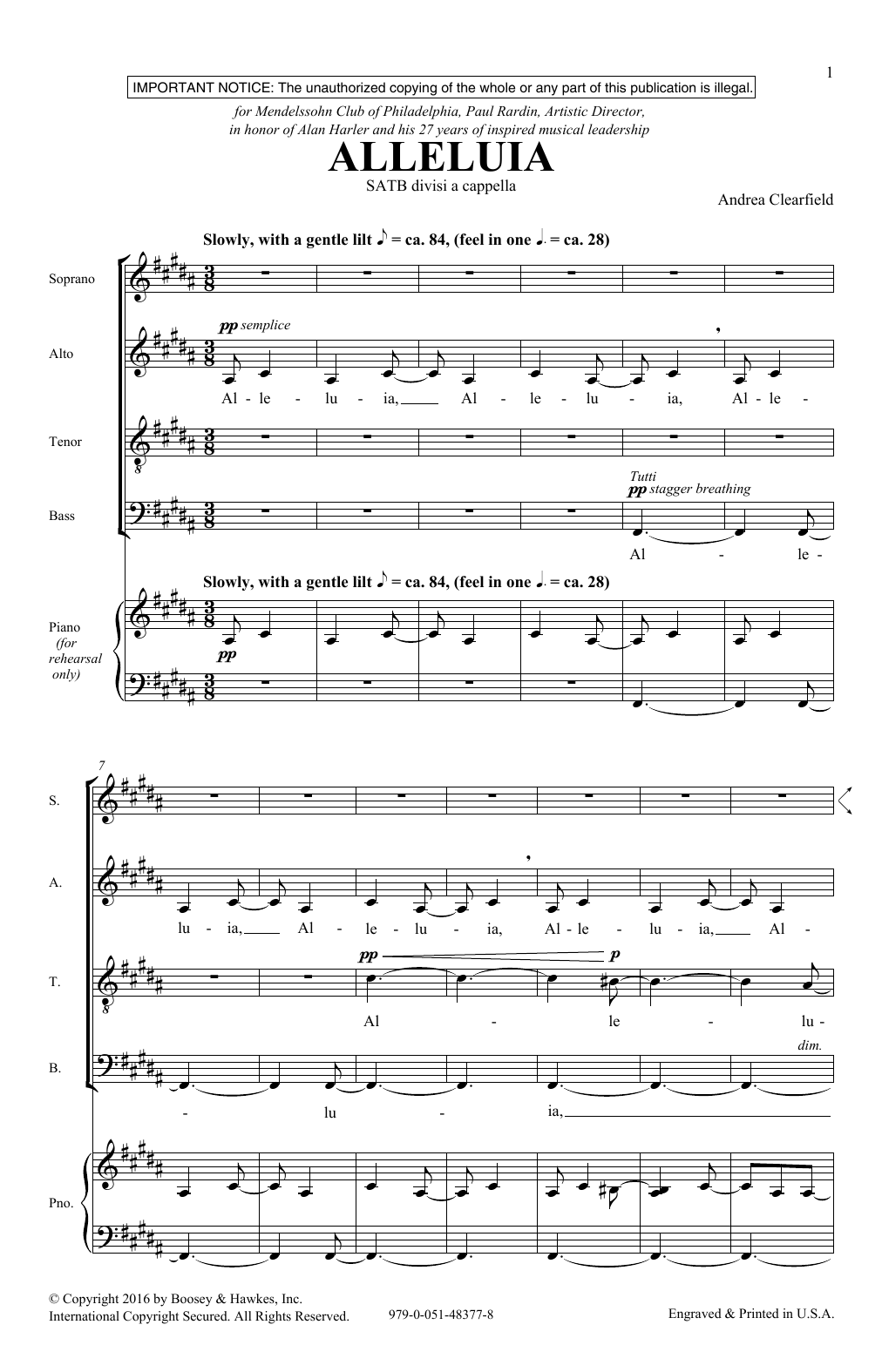 Andrea Clearfield Alleluia sheet music notes and chords. Download Printable PDF.