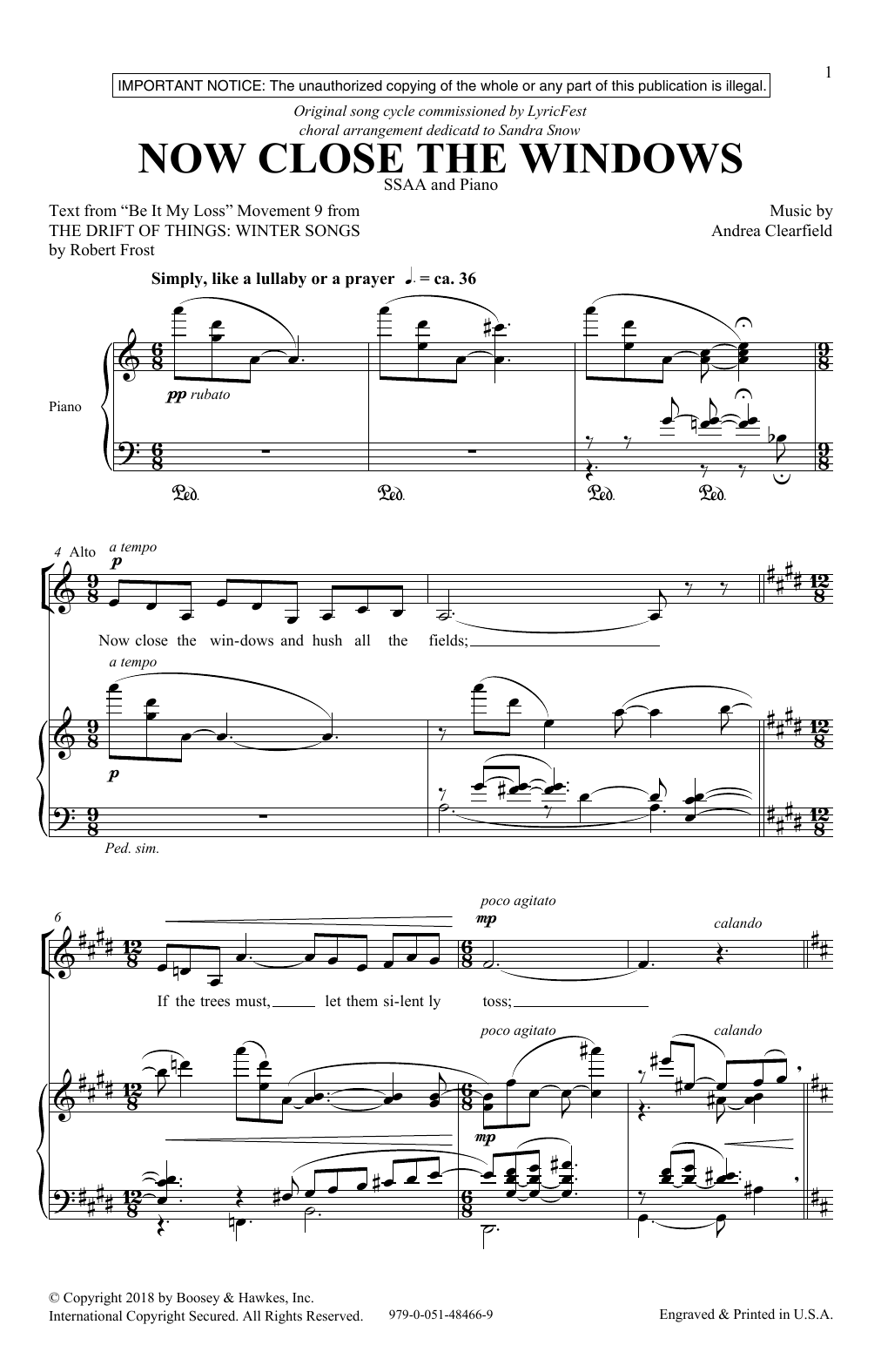 Learn to play Andrea Clearfield Now Close The Windows sheet music for SSA Choir in minutes. Price: 3.9900$ Andrea Clearfield Now Close The Windows sheet music notes and chords arranged for SSA Choir