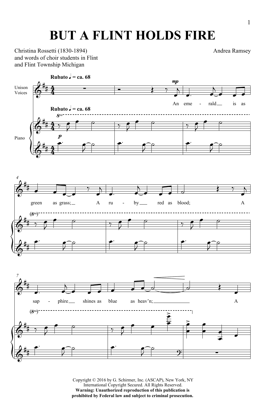 Learn to play Andrea Ramsey But A Flint Holds Fire sheet music for Unison Choir in minutes. Price: 3.9900$ Andrea Ramsey But A Flint Holds Fire sheet music notes and chords arranged for Unison Choir
