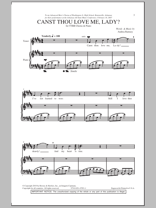 Learn to play Andrea Ramsey Canst Thou Love Me, Lady? sheet music for TTBB Choir in minutes. Price: 3.9900$ Andrea Ramsey Canst Thou Love Me, Lady? sheet music notes and chords arranged for TTBB Choir
