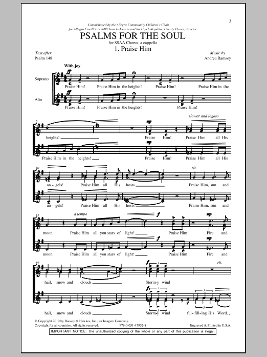 Learn to play Andrea Ramsey Psalms For The Soul sheet music for SSA Choir in minutes. Price: 3.9900$ Andrea Ramsey Psalms For The Soul sheet music notes and chords arranged for SSA Choir