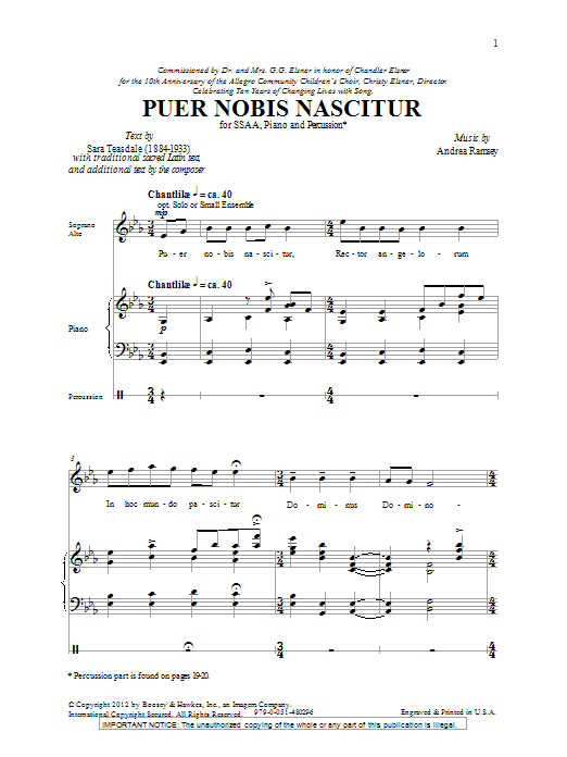 Andrea Ramsey Puer Nobis Nascitur sheet music notes and chords. Download Printable PDF.