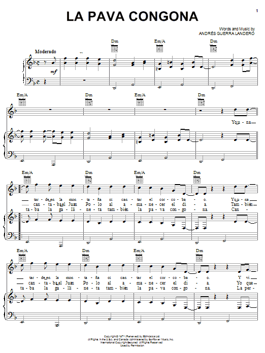 Learn to play Andres Guerra Landero La Pava Congona sheet music for Piano, Vocal & Guitar (Right-Hand Melody) in minutes. Price: 7.7900$ Andres Guerra Landero La Pava Congona sheet music notes and chords. Download Printable PDF.