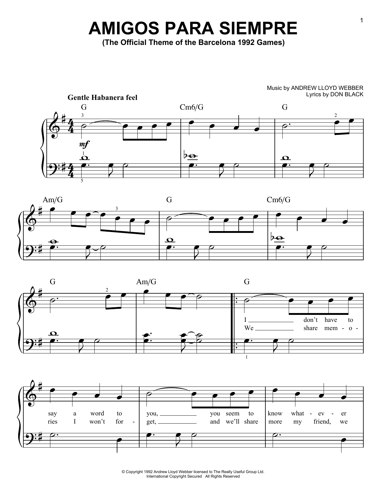 Andrew Lloyd Webber Amigos Para Siempre (Friends For Life) sheet music notes and chords. Download Printable PDF.