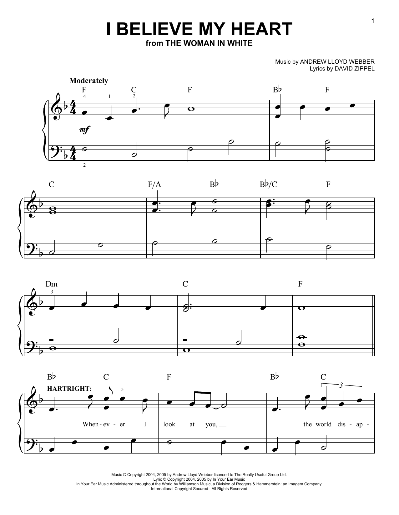 Andrew Lloyd Webber I Believe My Heart (from The Woman In White) sheet music notes and chords. Download Printable PDF.