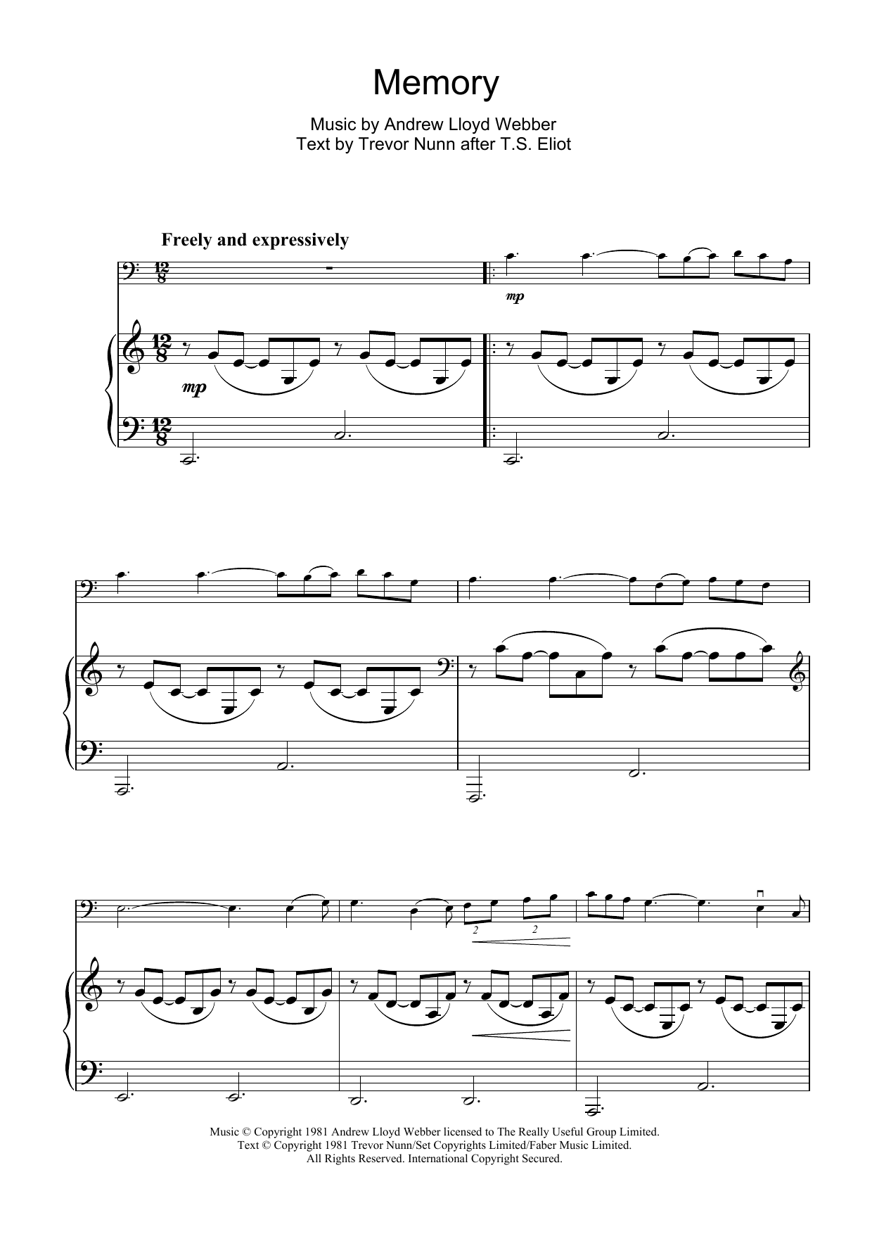 Andrew Lloyd Webber Memory (from Cats) sheet music notes and chords. Download Printable PDF.