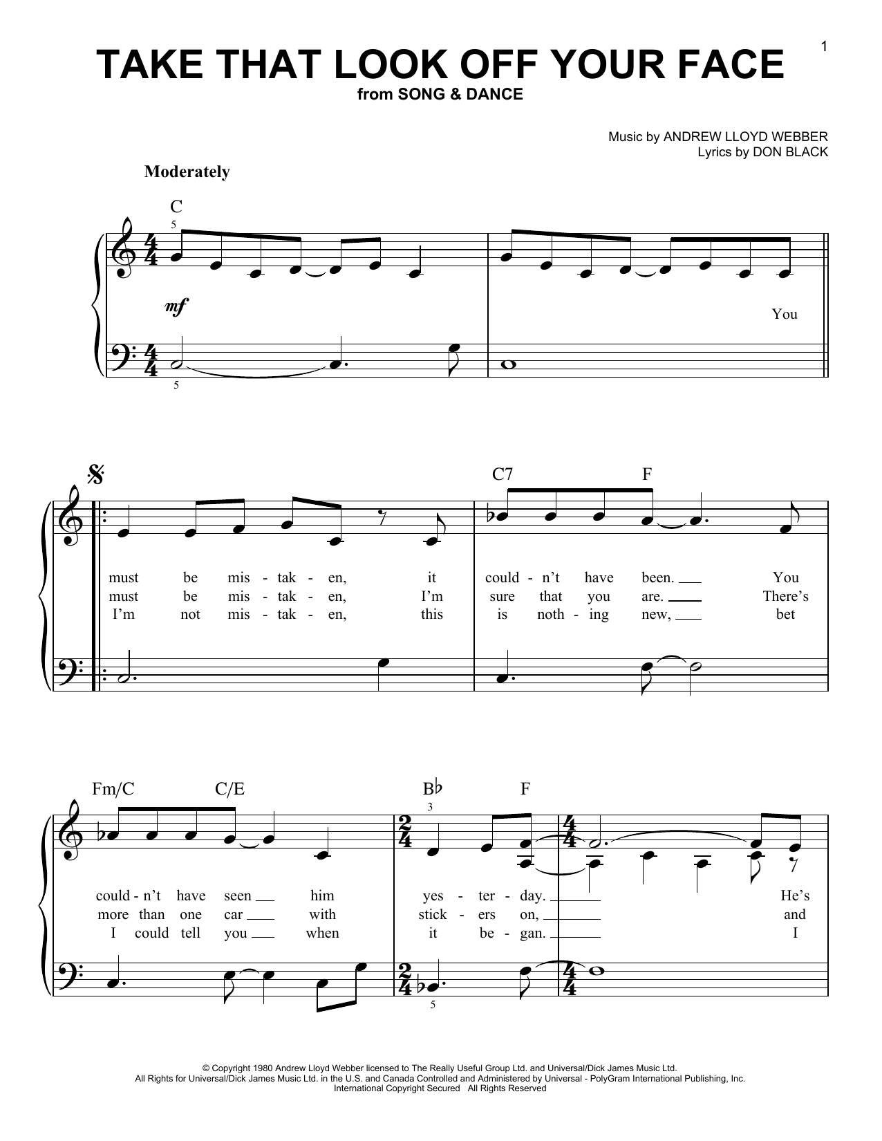 Andrew Lloyd Webber Take That Look Off Your Face sheet music notes and chords. Download Printable PDF.