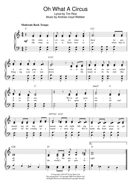 Learn to play Andrew Lloyd Webber Oh What A Circus (from Evita) sheet music for Piano Solo in minutes. Andrew Lloyd Webber Oh What A Circus (from Evita) sheet music notes and chords