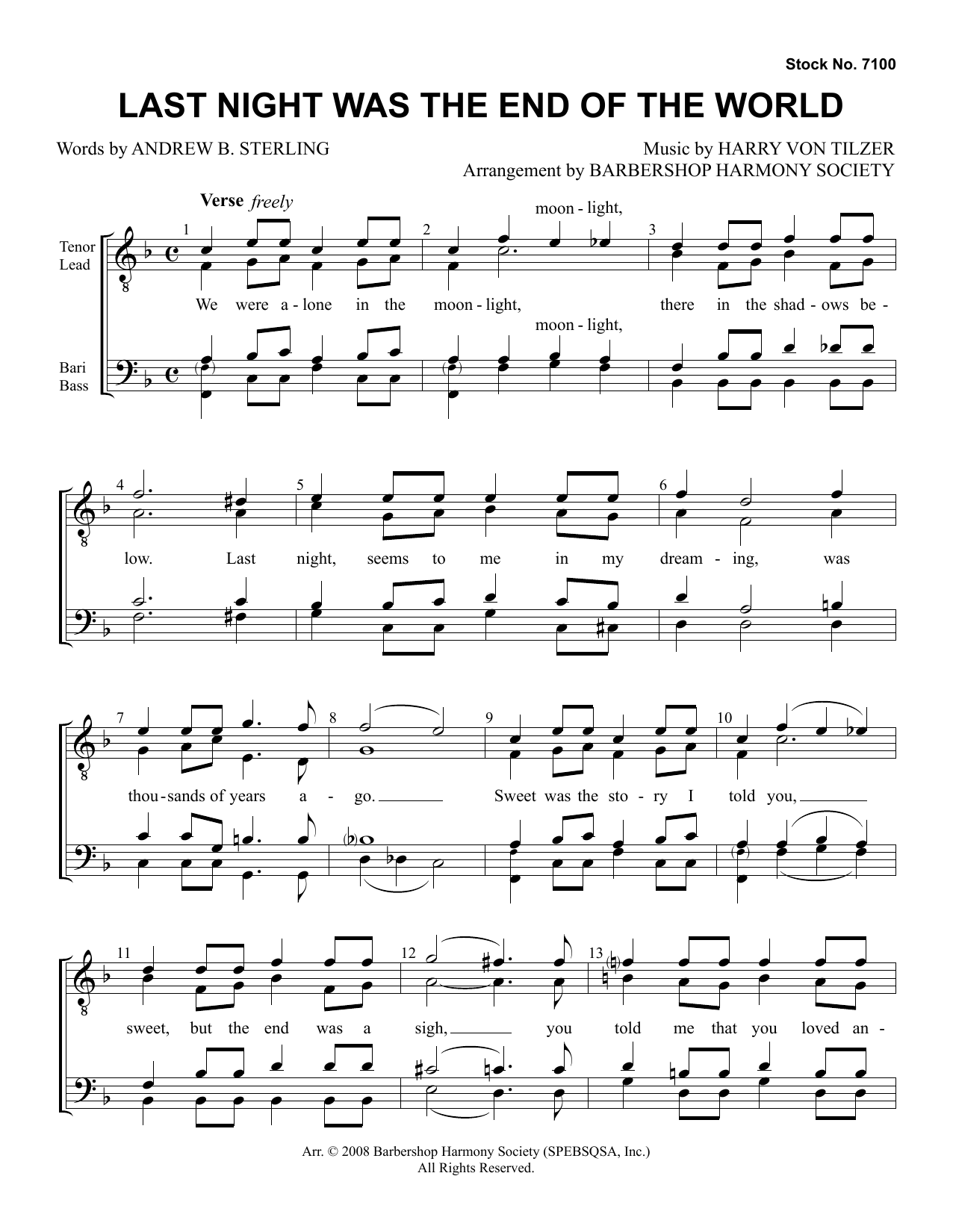 Andrew B. Sterling & Harry von Tilzer Last Night Was The End Of The World (arr. Barbershop Harmony Society) sheet music notes and chords. Download Printable PDF.