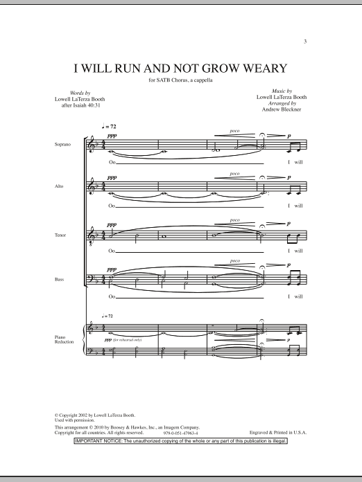 Learn to play Andrew Bleckner I Will Run And Not Grow Weary sheet music for SATB Choir in minutes. Price: 3.9900$ Andrew Bleckner I Will Run And Not Grow Weary sheet music notes and chords arranged for SATB Choir